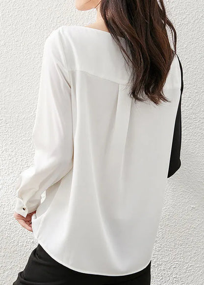 Black White Asymmetrical Design Patchwork Chiffon Top Long Sleeve