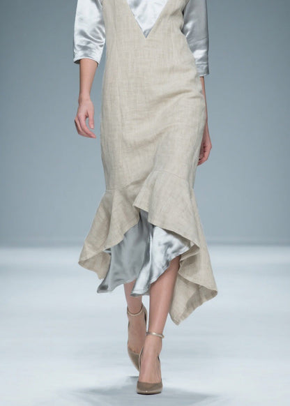 Colorblock V Neck Patchwork Linen Silk Long Dresses Summer