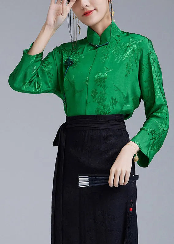 Green Stand Collar Jacquard Diagonal Button Silk Top Long Sleeve