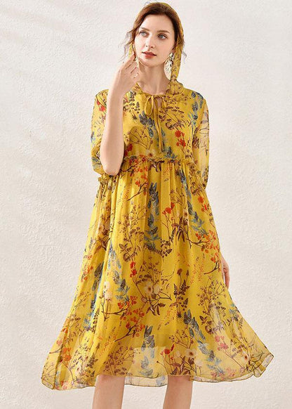 Yellow Print Hooded Patchwork Summer Chiffon Summer Dresses