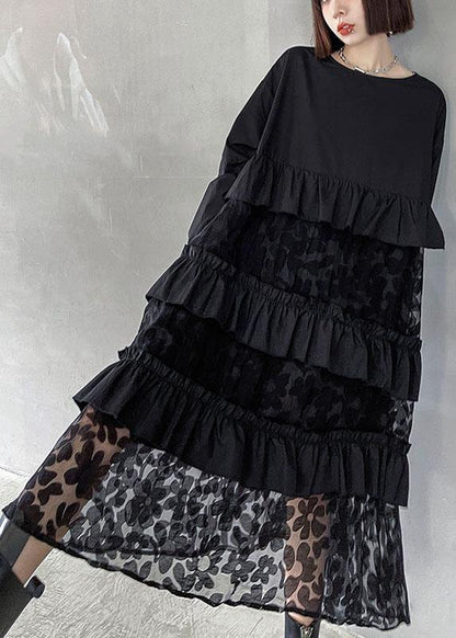 Black Ruffles Pockets Fall Lace Dresses