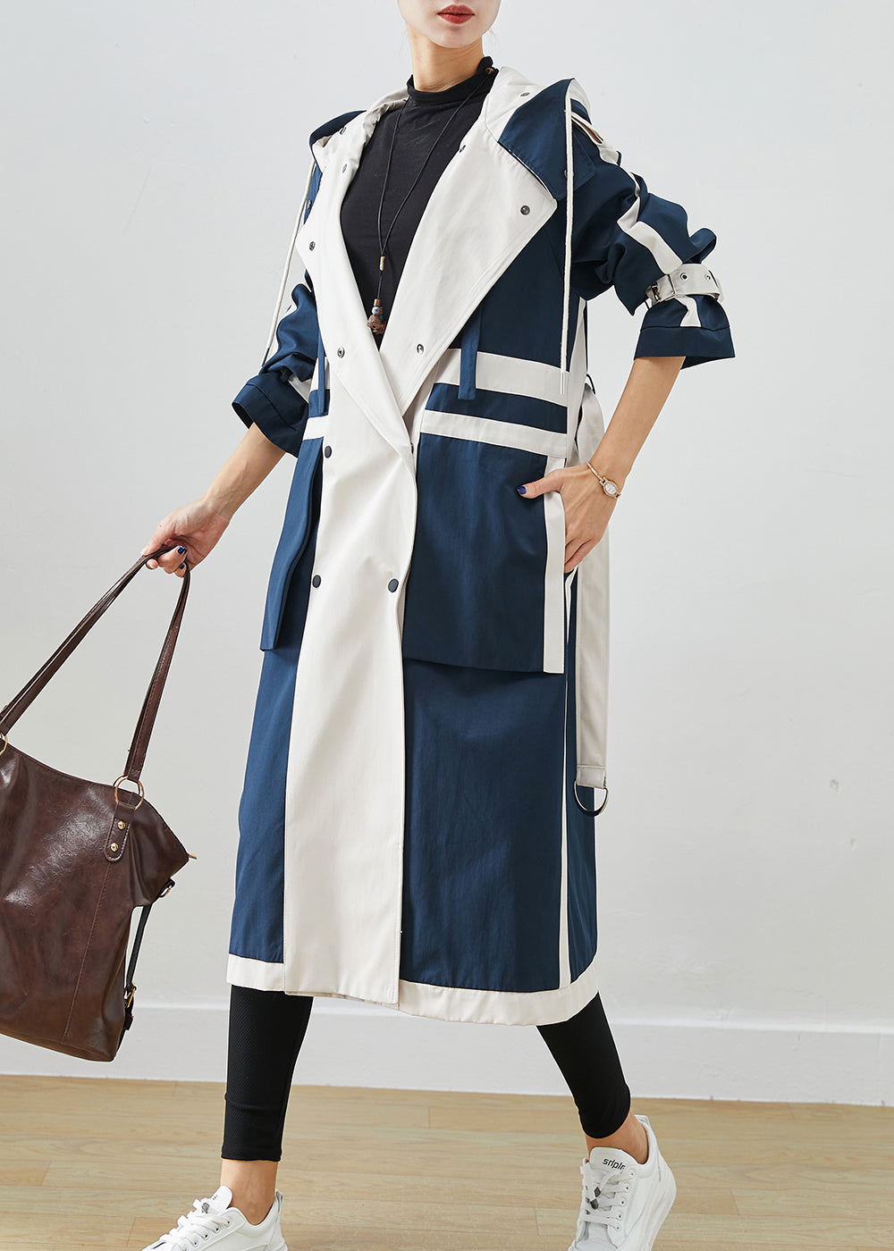 Navy Oversized Patchwork Original Design Cotton Trench Coats Fall