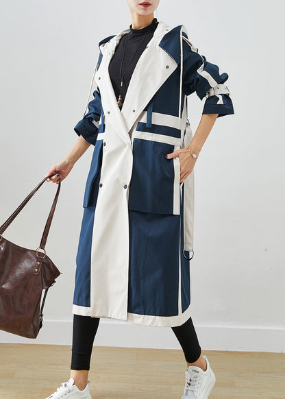 Navy Oversized Patchwork Original Design Cotton Trench Coats Fall