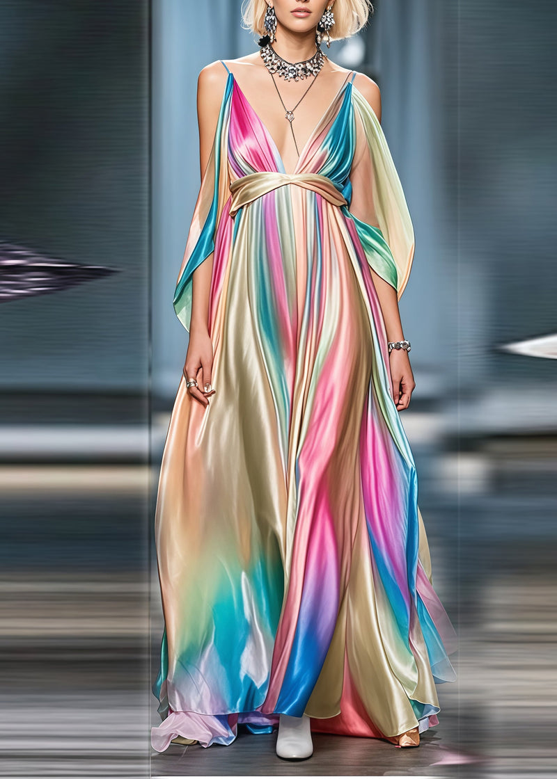 Gradient Color Cold Shoulder Exra Large Hem Silk Party Dress Summer