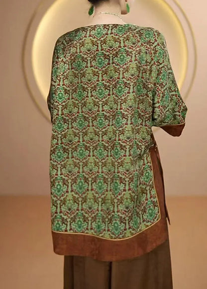 Chinese Style Green O Neck Print Silk Shirt Tops Fall