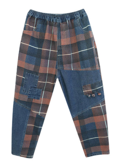 Style Blue Plaid Pockets Elastic Waist Patchwork Denim Pants Spring