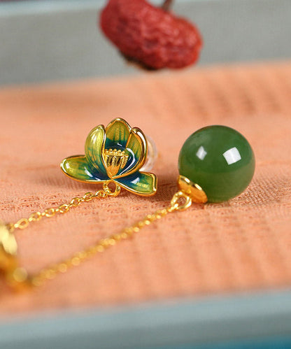 Green Sterling Silver Jade Enamel Lotus Tassel Drop Earrings