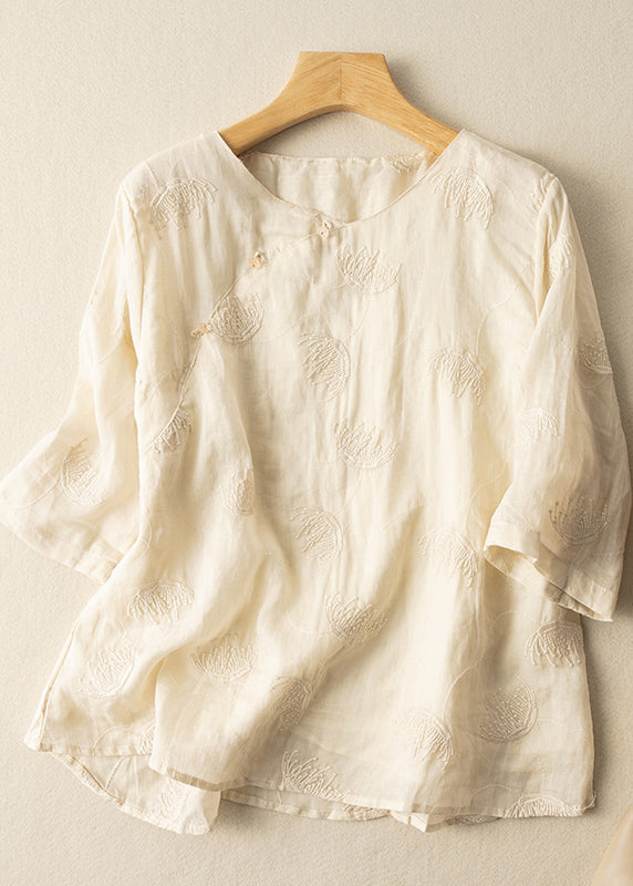 Beige O-neck Embroidered Linen Shirt Top Summer