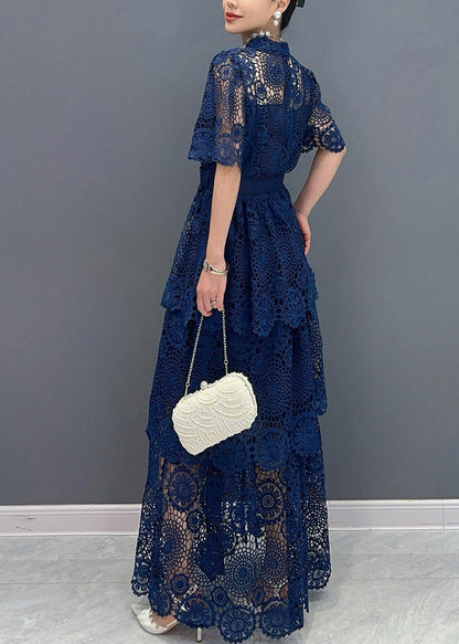 Navy V Neck Sashes Hollow Out Lace Long Dresses Summer