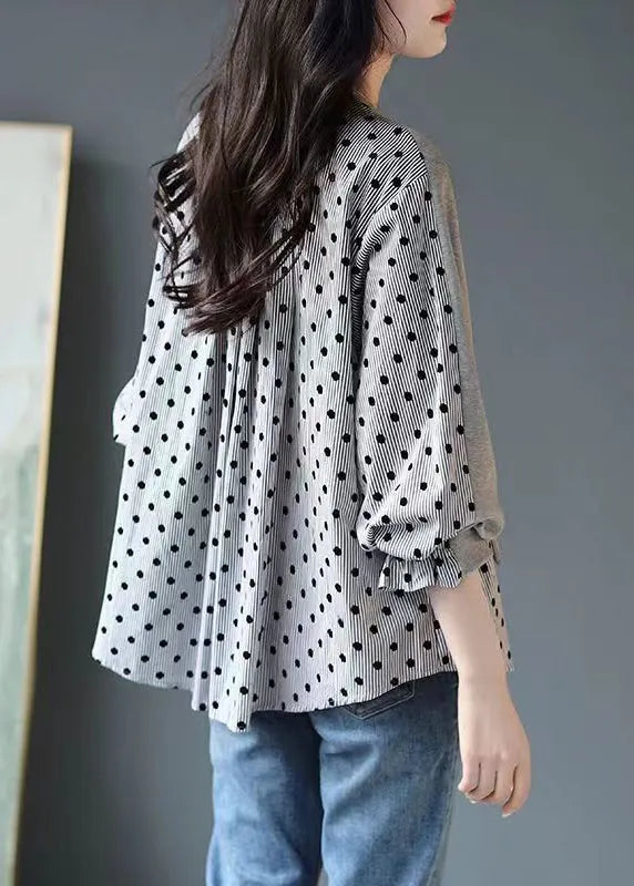 Grey O Neck False Two Pieces Patchwork Cotton Top Fall