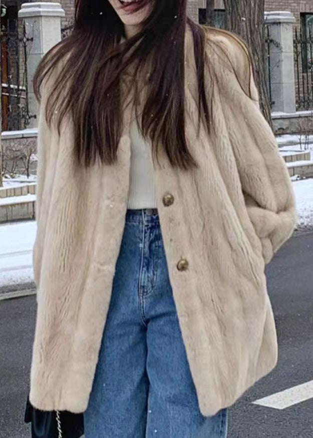 Simple Coffee O-neck Button Thick Fuzzy Fur Coat Long Sleeve