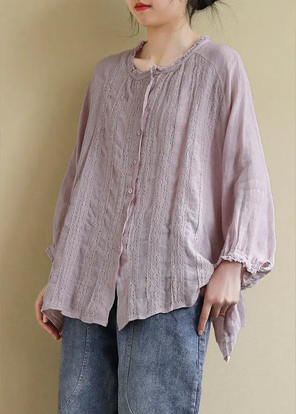 Pink Linen Shirt Tops Ruffled Long Sleeve