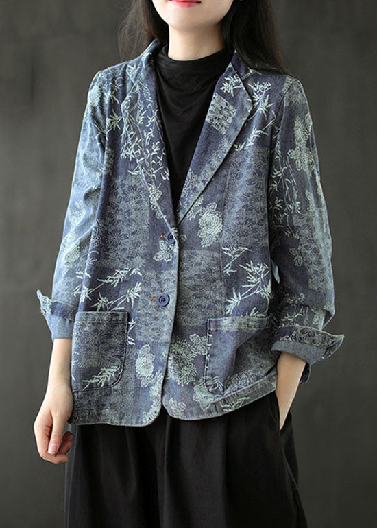 Blue Print Western-style Clothes Coat Pocket Long Sleeve