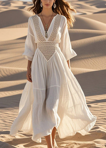 White Hollow Out Exra Large Hem Cotton Maxi Dress Spring