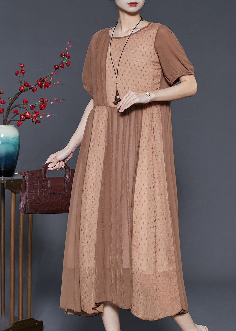 Khaki Patchwork Cotton Silk Pleated Dress Summer