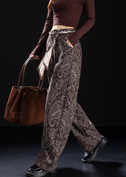 Brown Pockets Print Warm Fleece Denim Pants Spring
