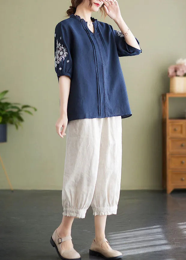 Navy Embroideried Patchwork Wrinkled Linen Shirts Summer