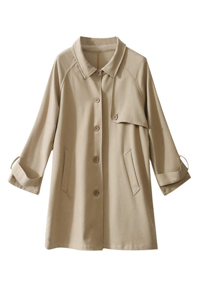 Khaki Button Peter Pan Collar Pockets Trench Coats Spring