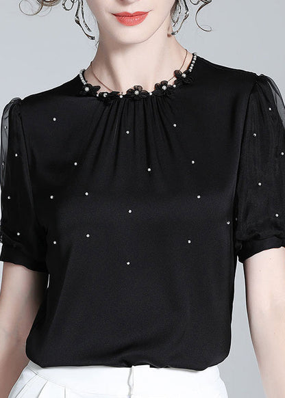 Diy Black O-neck Silk Nail Bead Shirts Summer