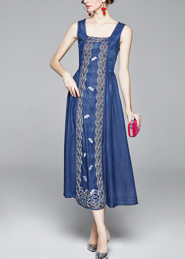 Organic Blue Cinched Embroideried Zippered Spaghetti Strap Cotton Denim Dress Spring