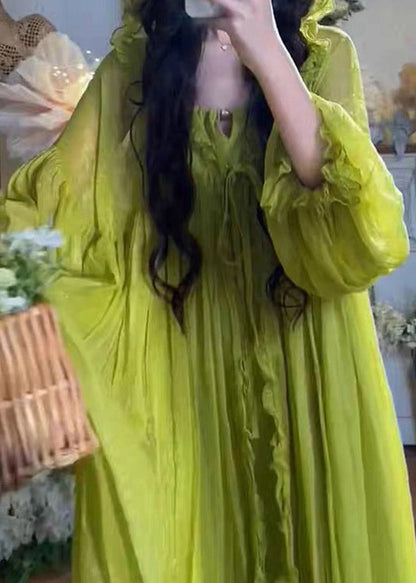 Green V Neck Ruffled Hooded Chiffon Maxi Dress Spring