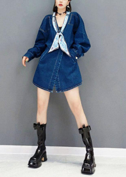 Denim Blue V Neck Pockets Button Fall Shirts Long Sleeve