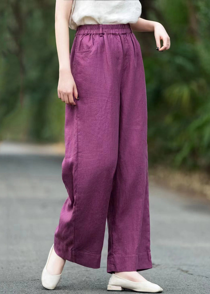 Loose Purple Pockets Elastic Waist Linen Pants Summer