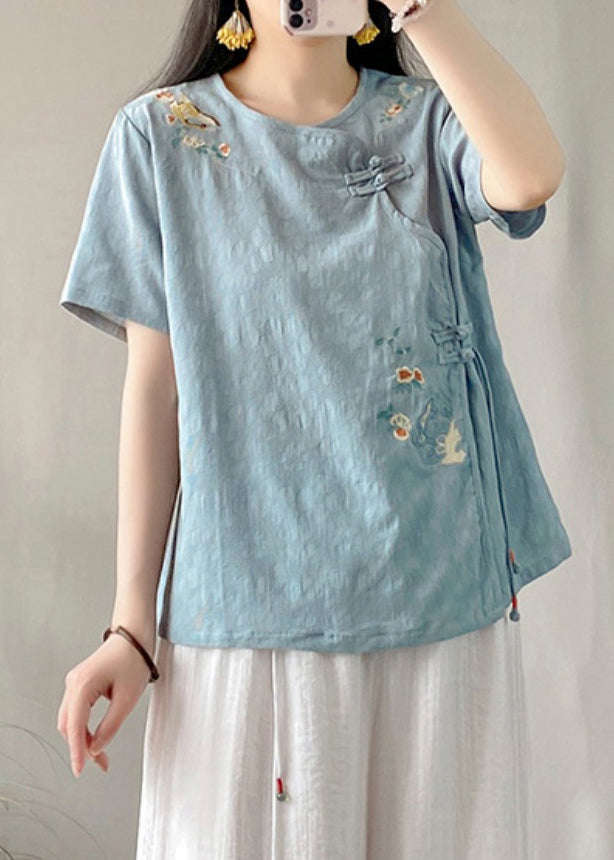 Blue Embroideried Button Patchwork Linen Top O-neck Short Sleeve