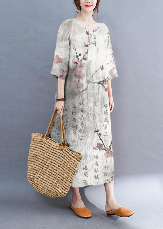 Purple Block Loose O-neck Print Summer Side Open Dress Half Sleeve