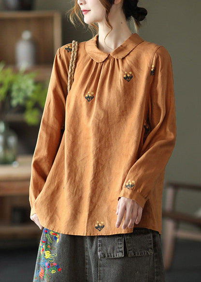 Orange Peter Pan Collar Embroideried Linen Shirt Long Sleeve