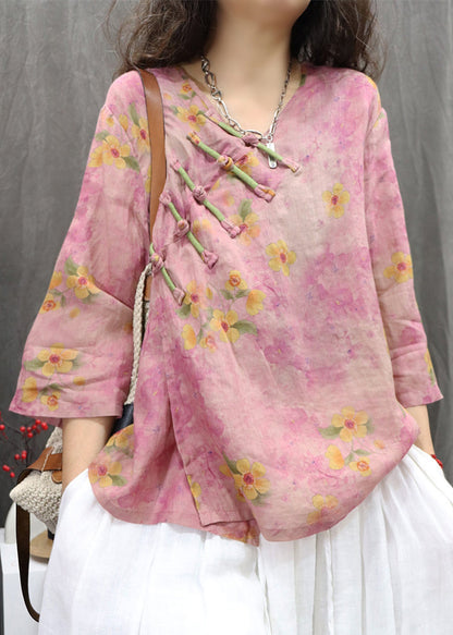 Purple V Neck Chinese Button Linen Shirt Spring