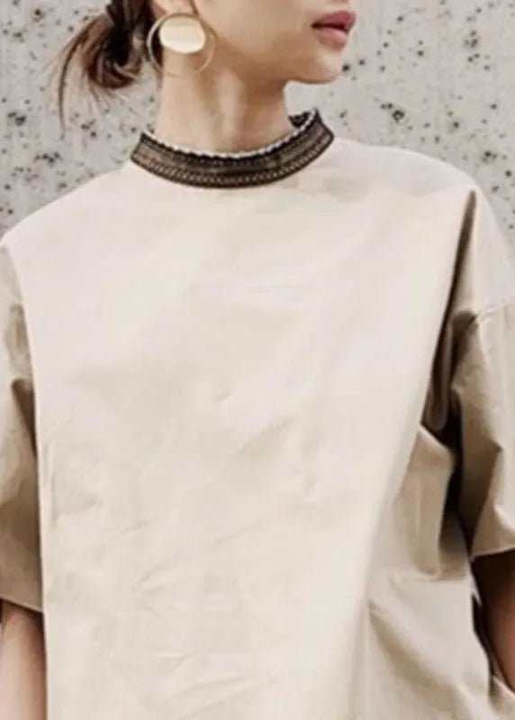 Khaki Stand Collar Oversized Patchwork Cotton Tank Short Sleeve