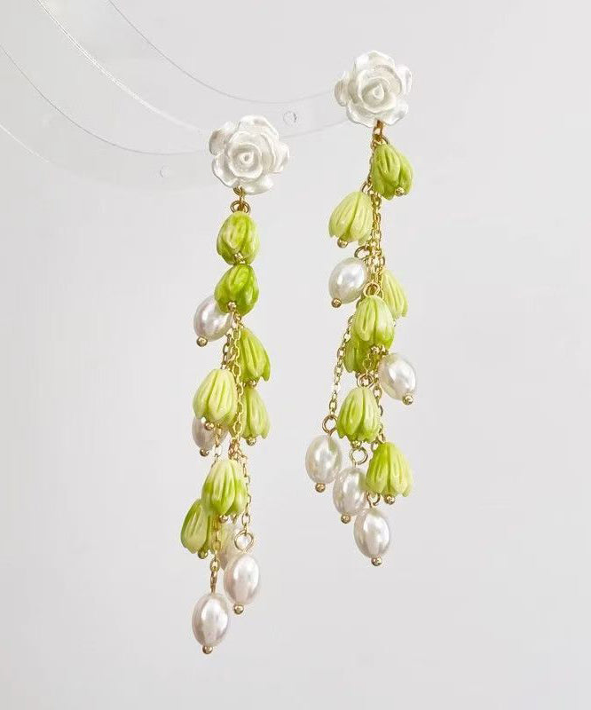 Green Sterling Silver Alloy Pearl Lily of the Valley Tassel Drop Earrings
