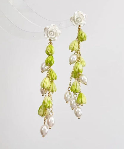 Green Sterling Silver Alloy Pearl Lily of the Valley Tassel Drop Earrings