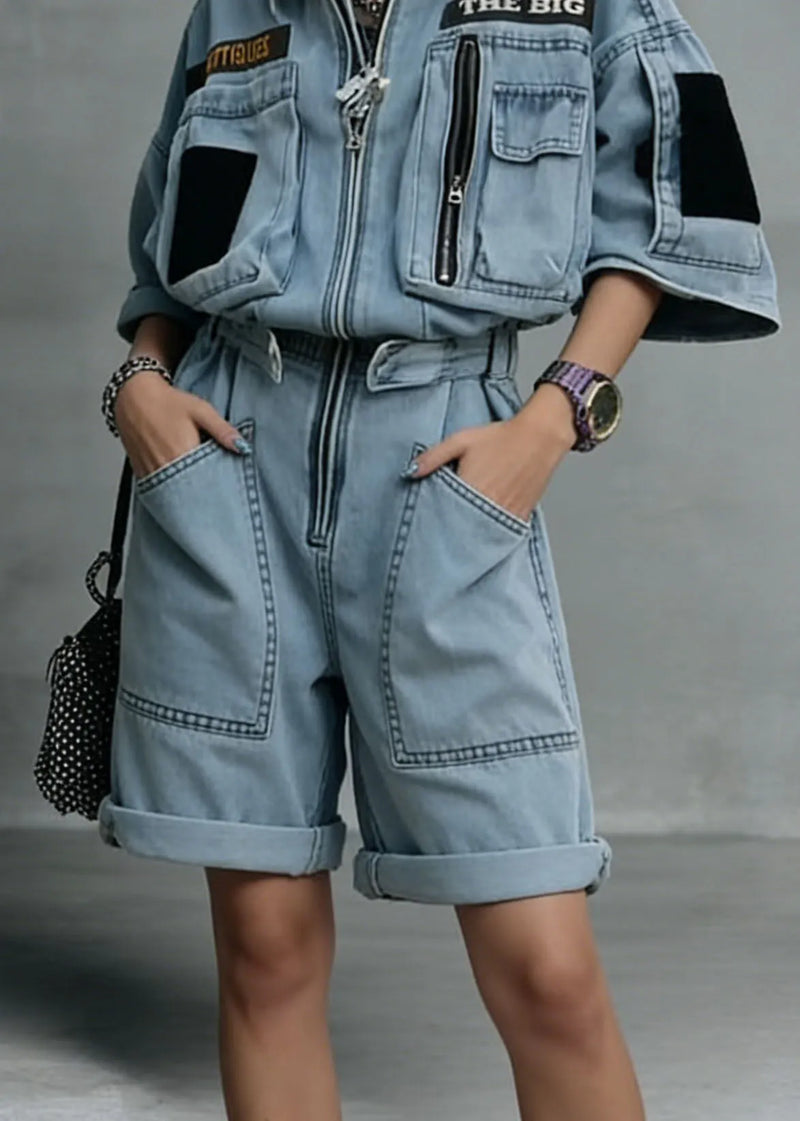 New Blue Zip Up Pockets Patchwork Denim Jumpsuit Summer
