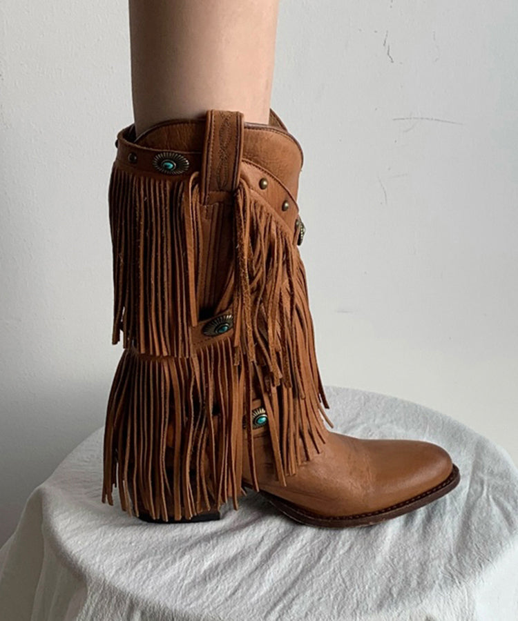 Splicing Chunky Cowgirl Boots Tassel Cowhide Leather