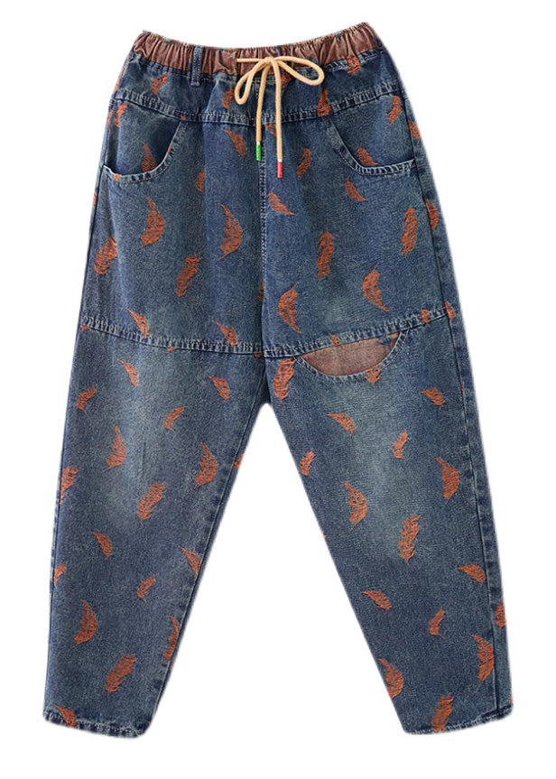 Blue Pockets Print Elastic Waist Harem Pants Summer