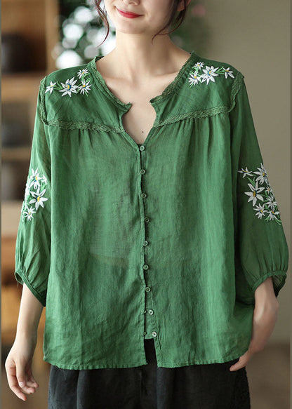Green V Neck Embroideried Linen Top Bracelet Sleeve