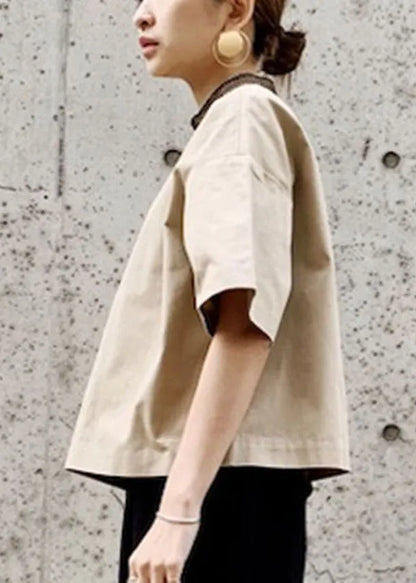 Khaki Stand Collar Oversized Patchwork Cotton Tank Short Sleeve