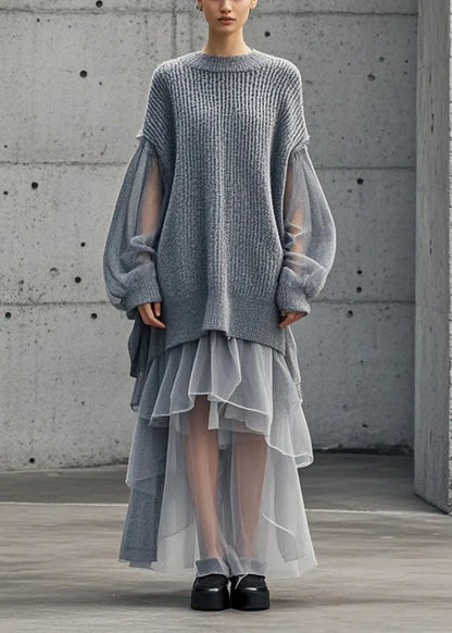 Grey Oversized Patchwork Tulle Sweater Dress Fall