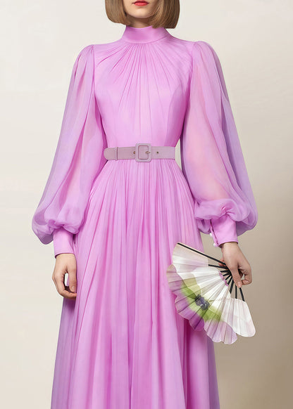 Pink Zippered Wrinkled Chiffon Maxi Dresses Fall