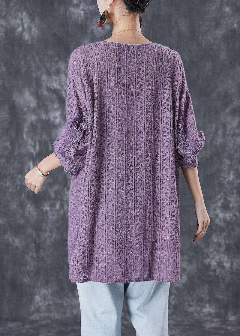 Purple V Neck Patchwork Lace Shirts Fall