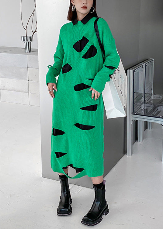 Novelty Green O-neck Cozy Knit Sweater Dress Spring
