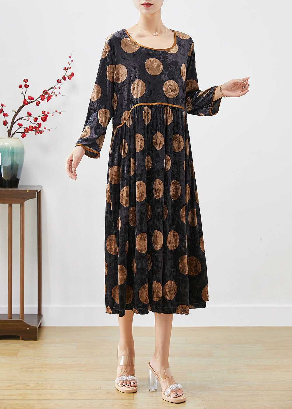 Black Oversized Print Silk Velour Long Dress Fall