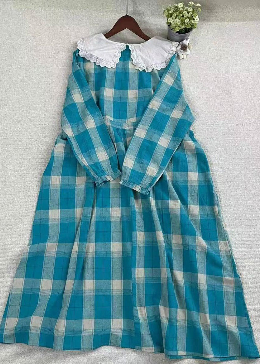 Blue Plaid Embroideried Patchwork Cotton Dress Spring