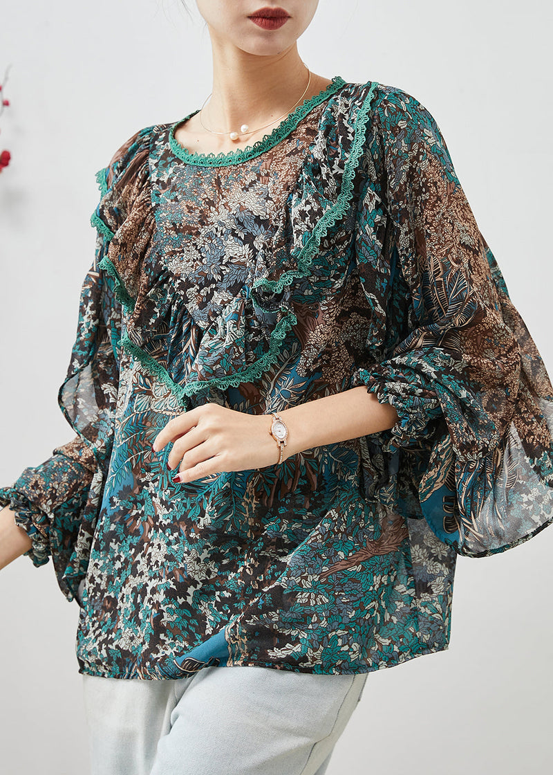 Green Ruffled Print Chiffon Tops Lantern Sleeve