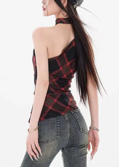 Red Plaid Slim Fit Cotton Tank Cold Shoulder Sleeveless