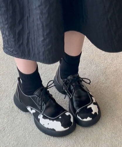 Black Lace Up Splicing Platform Loafers for