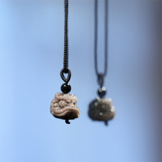 Buddha Stones Natural Silver Sheen Obsidian Dancing Lion Protection Necklace Pendant