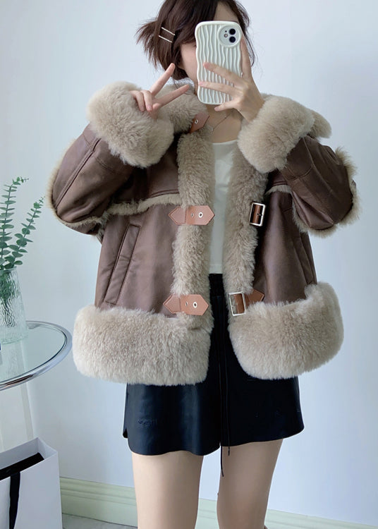 Style Purple Square Collar Pockets Patchwork Leather and Fur Coat Winter